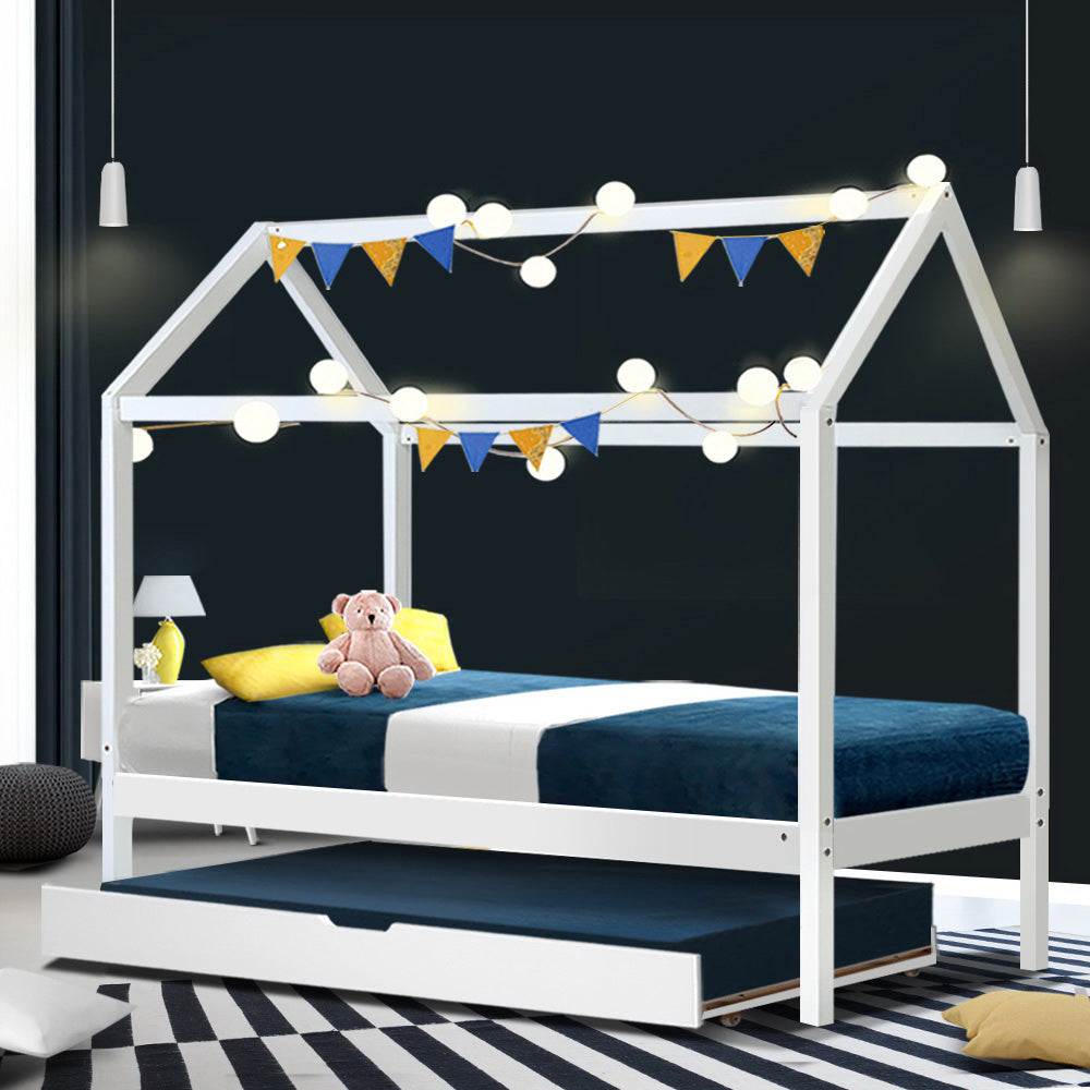 Bed Frame Wooden Trundle Daybed Kids House Frame - White HOLY