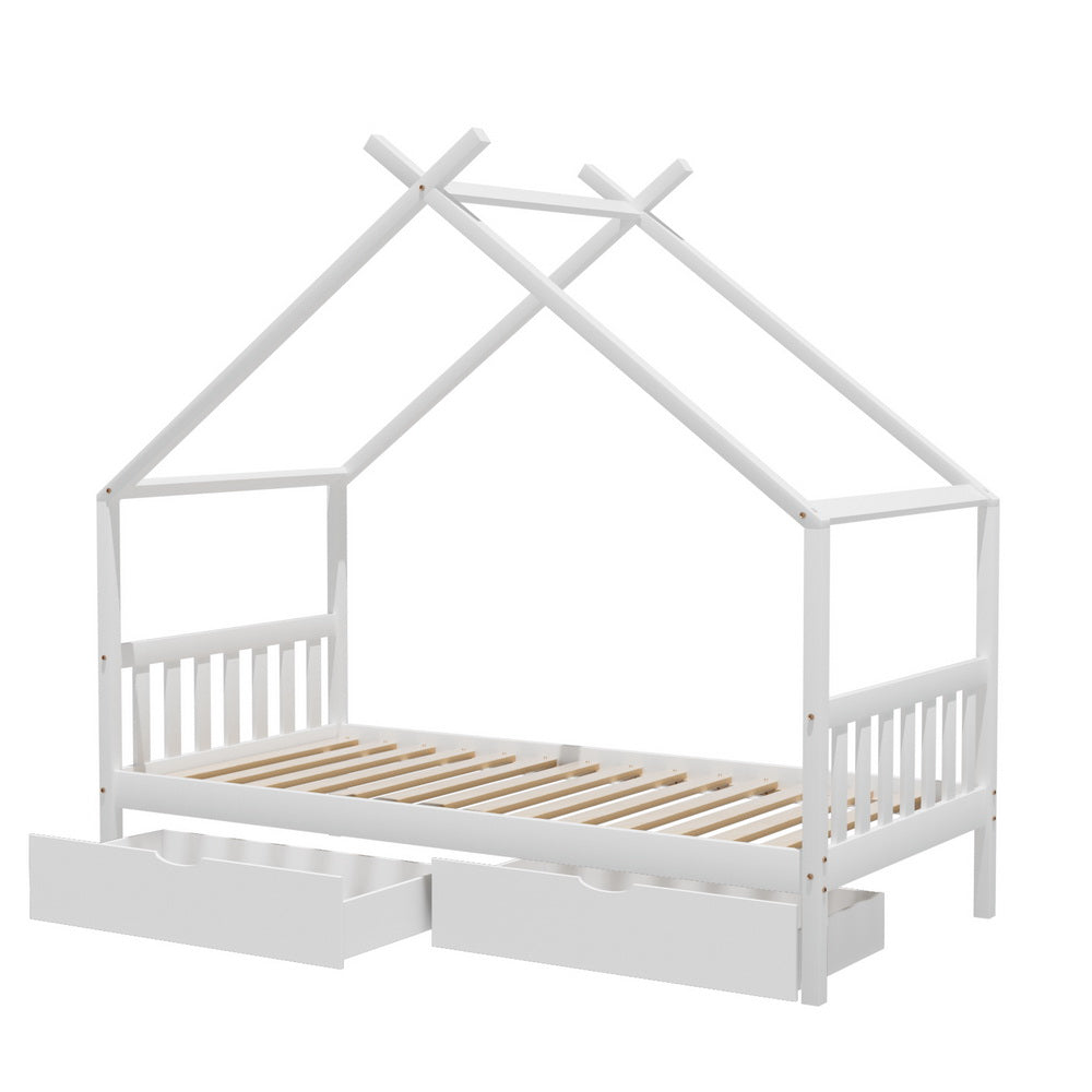 - Kids House Bed Frame with 2 Storage Drawers – Solid Pine, White Artiss Furniture > Bedroom > Beds & Bed Frames