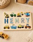 - Personalised Vehicle Wooden Name Puzzle | Custom Construction & Transport Learning Toy Baby Stork
