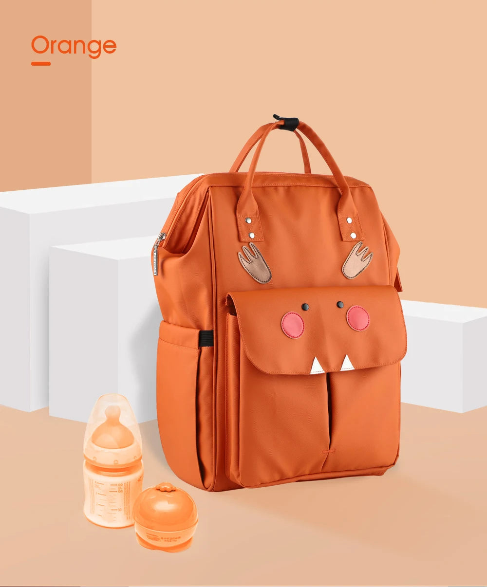 Orange - Fun Cartoon Designed Diaper Backpack - Large Capacity and Waterproof Baby Stork Diaper Wet Bags