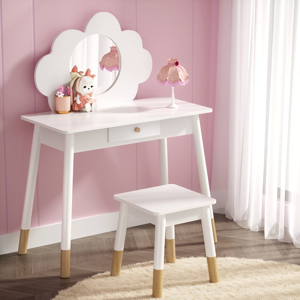 Keezi Kids Dressing Table Chair Set Vanity Makeup Wooden Leg Mirror Drawer Furniture > Bedroom Baby Stork