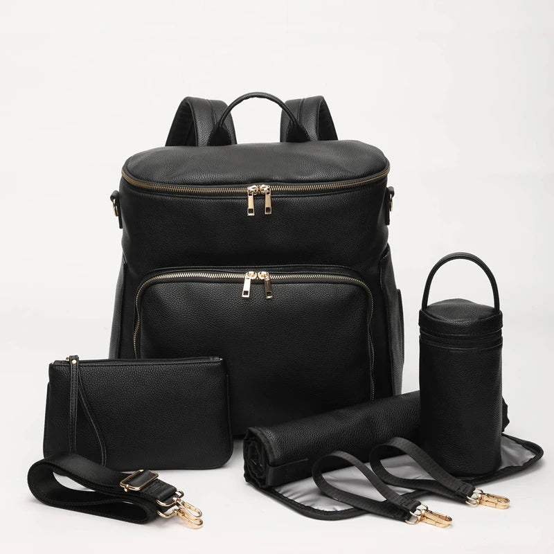 Black - Luxury Vegan Leather Diaper Bag - Multifunctional and Stylish Baby Stork Diaper Wet Bags