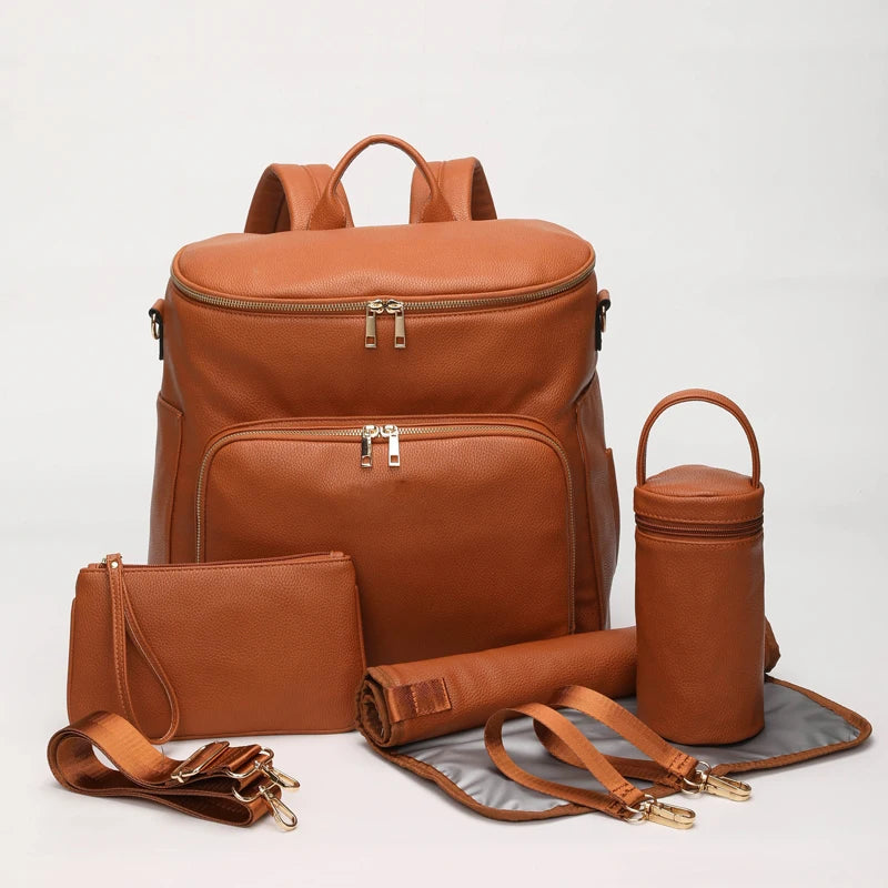 Brown - Luxury Vegan Leather Diaper Bag - Multifunctional and Stylish Baby Stork Diaper Wet Bags