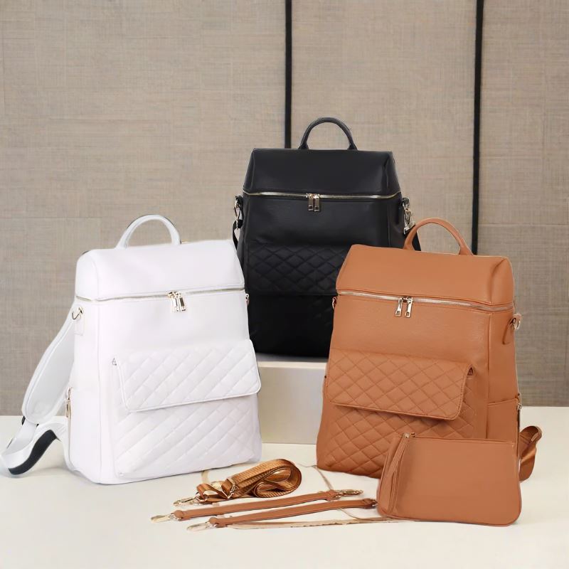 - Luxury Vegan Leather Diaper Bag - Quilted Design with large capacity and accessories. Baby Stork Diaper Wet Bags