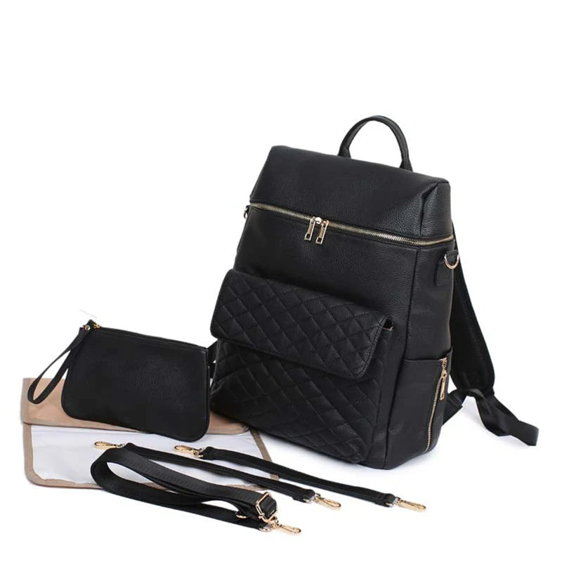 Black - Luxury Vegan Leather Diaper Bag - Quilted Design with large capacity and accessories. Baby Stork Diaper Wet Bags