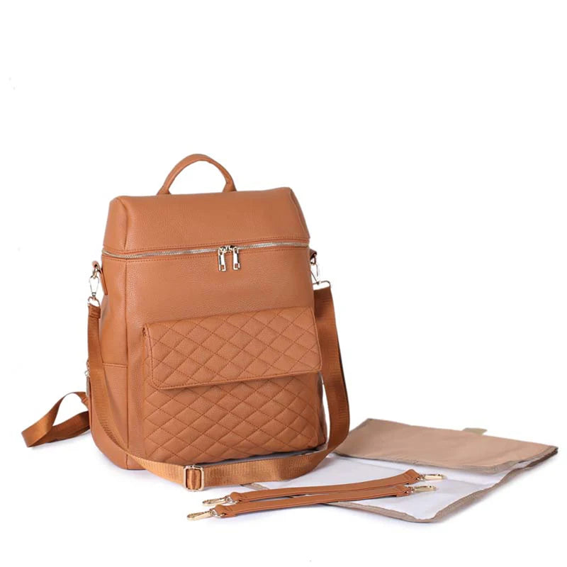 Brown - Luxury Vegan Leather Diaper Bag - Quilted Design with large capacity and accessories. Baby Stork Diaper Wet Bags
