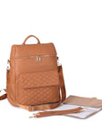 Brown - Luxury Vegan Leather Diaper Bag - Quilted Design with large capacity and accessories. Baby Stork Diaper Wet Bags