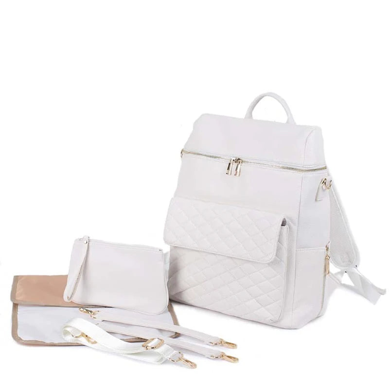 White - Luxury Vegan Leather Diaper Bag - Quilted Design with large capacity and accessories. Baby Stork Diaper Wet Bags