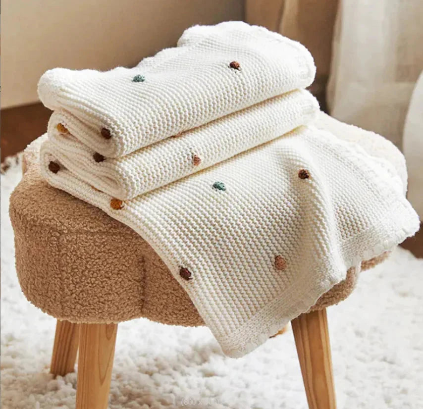 Polkadot Knitted Baby Blanket 100% Cotton, Nordic Pompom Design