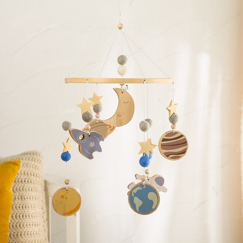 - Cosmic Explorer Nursery Mobile with Wooden Space Figures Baby Stork Baby Mobile