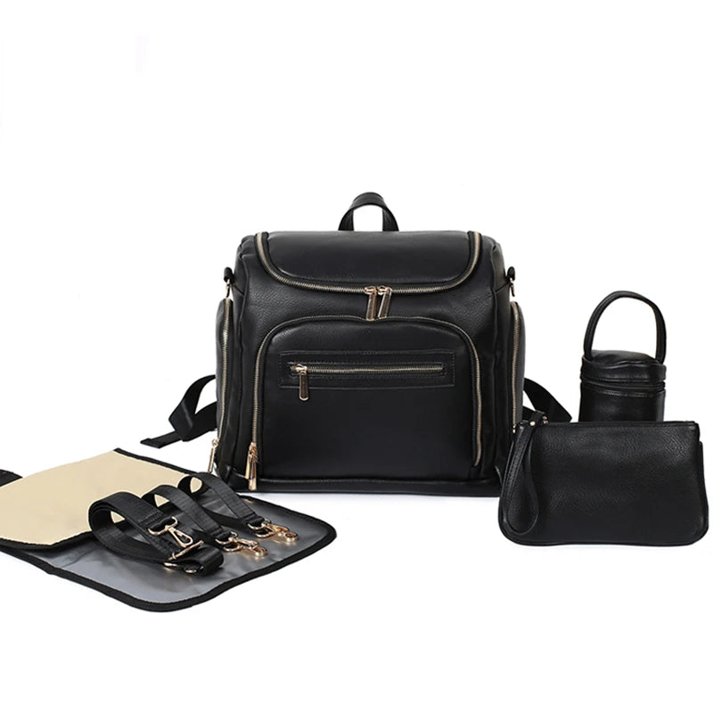 Black - Vegan Leather Nappy Backpack - Compact and Stylish Baby Bag Baby Stork Diaper Wet Bags
