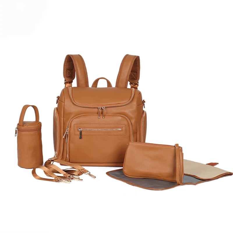 Brown - Vegan Leather Nappy Backpack - Compact and Stylish Baby Bag Baby Stork Diaper Wet Bags