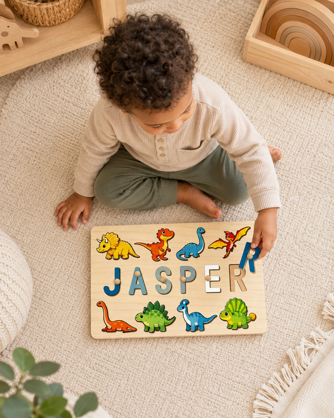 Personalised Dinosaur Wooden Name Puzzle | Custom Montessori Learning Toy