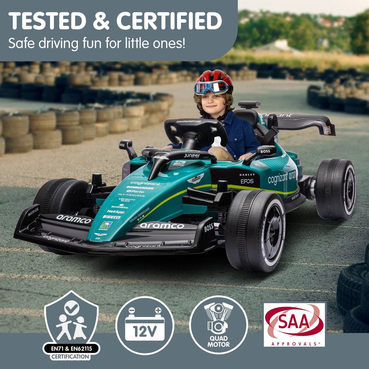 - Aston Martin F1-Style Electric Ride On Car – 24V, Remote, Music & Lights Baby Stork Baby & Kids > Ride On Cars, Go-karts & Bikes > Ride On Cars