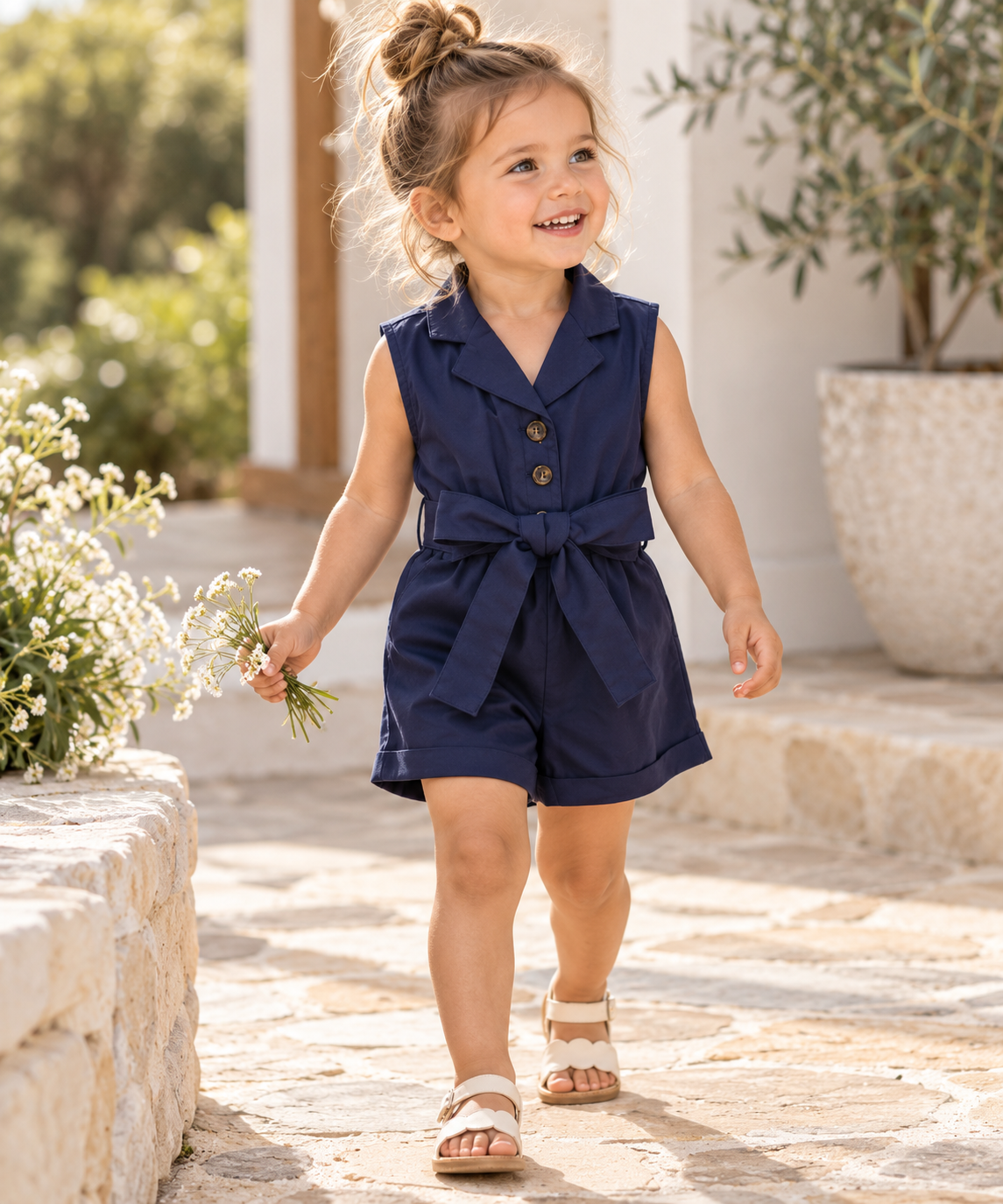 Button Detail Toddler &amp; Kids Belted Playsuit