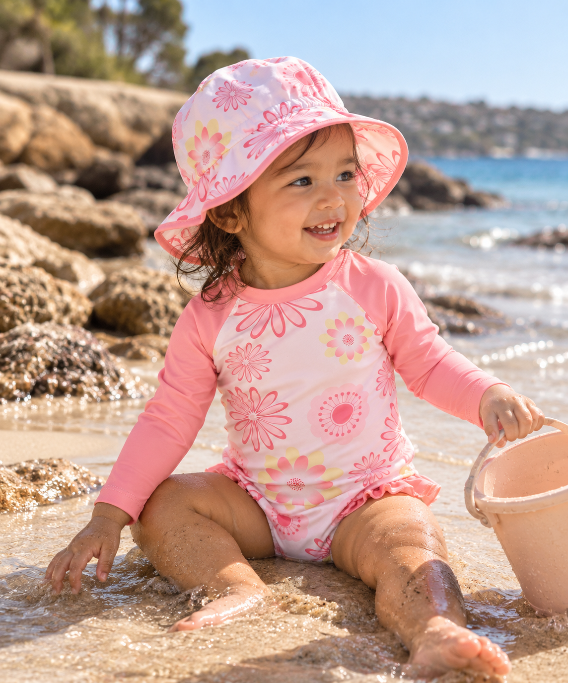 Pink Floral Baby &amp; Toddler Swimsuit &amp; Hat Set