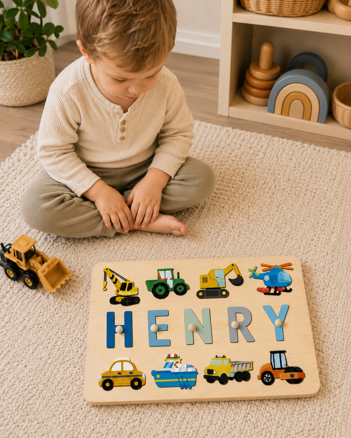 Personalised Vehicle Wooden Name Puzzle | Custom Construction &amp; Transport Learning Toy