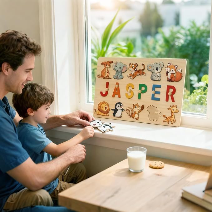 Personalised Wooden Name Puzzle Board | Animal-Themed Montessori Learning Toy