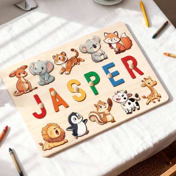 Personalised Wooden Name Puzzle Board | Animal-Themed Montessori Learning Toy