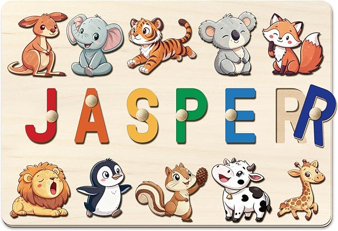 Personalised Wooden Name Puzzle Board | Animal-Themed Montessori Learning Toy