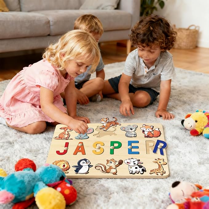 Personalised Wooden Name Puzzle Board | Animal-Themed Montessori Learning Toy