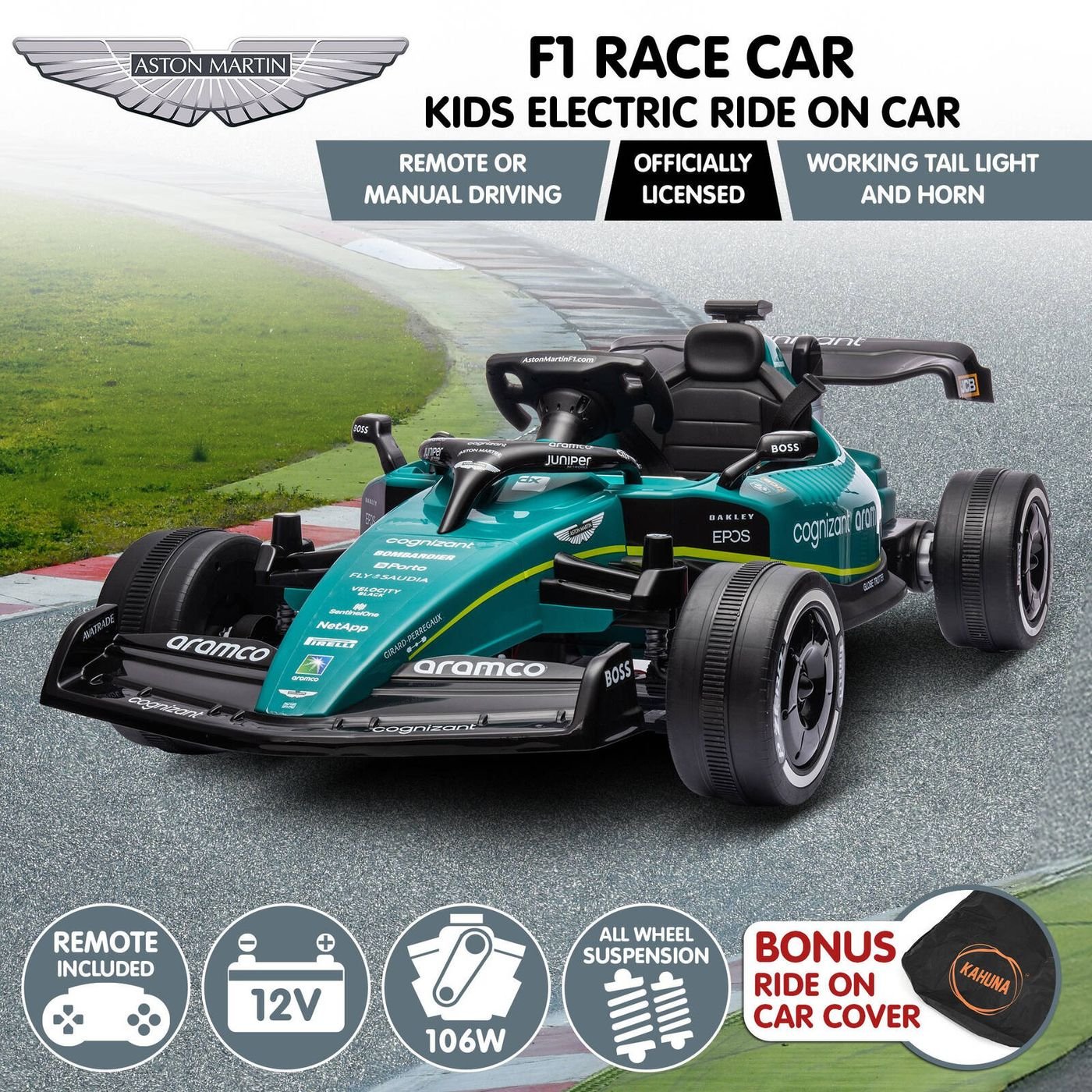 - Aston Martin F1-Style Electric Ride On Car – 24V, Remote, Music & Lights Baby Stork Baby & Kids > Ride On Cars, Go-karts & Bikes > Ride On Cars