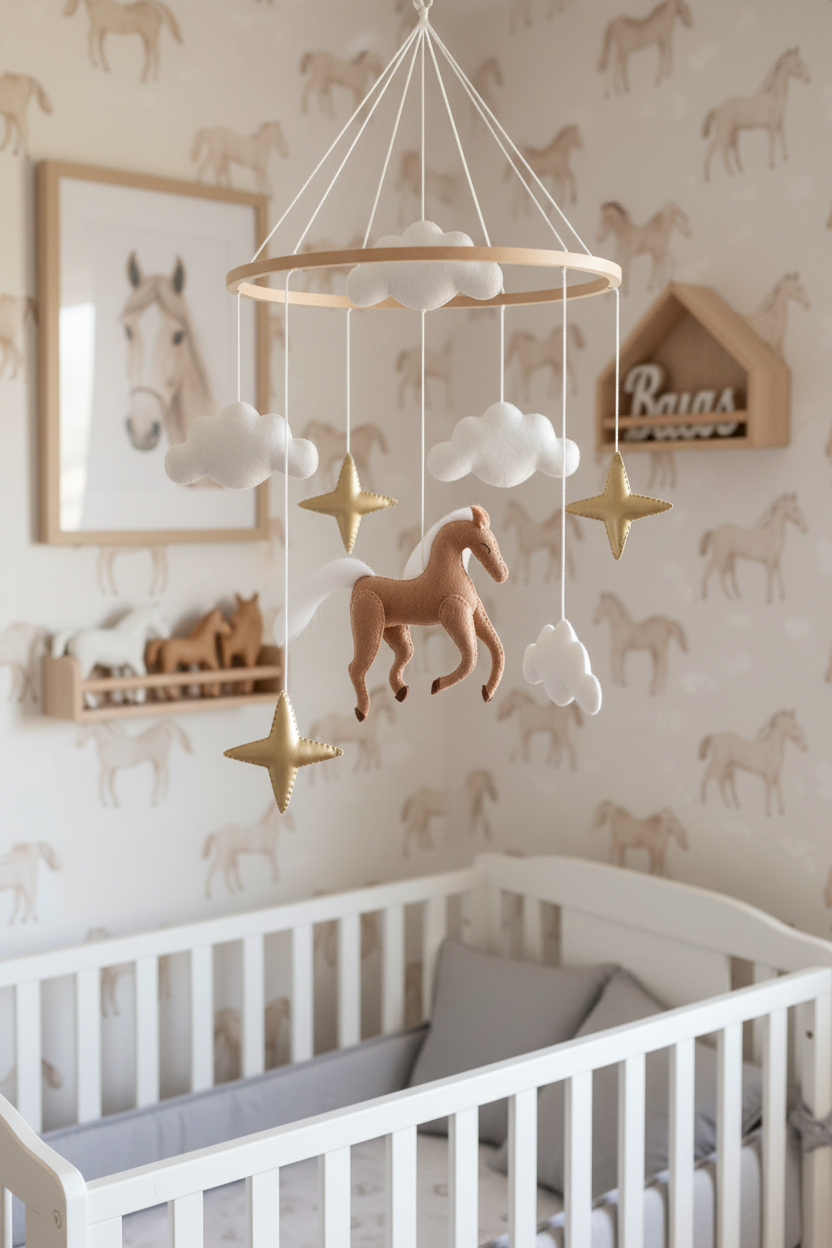 Horse Baby Mobile | Neutral Felt Horse Nursery Mobile with Clouds &amp; Stars