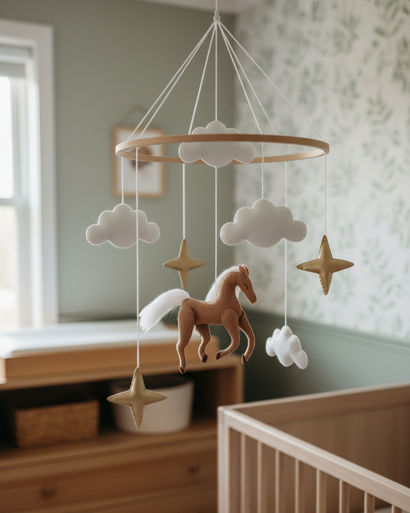 Horse Baby Mobile | Neutral Felt Horse Nursery Mobile with Clouds &amp; Stars