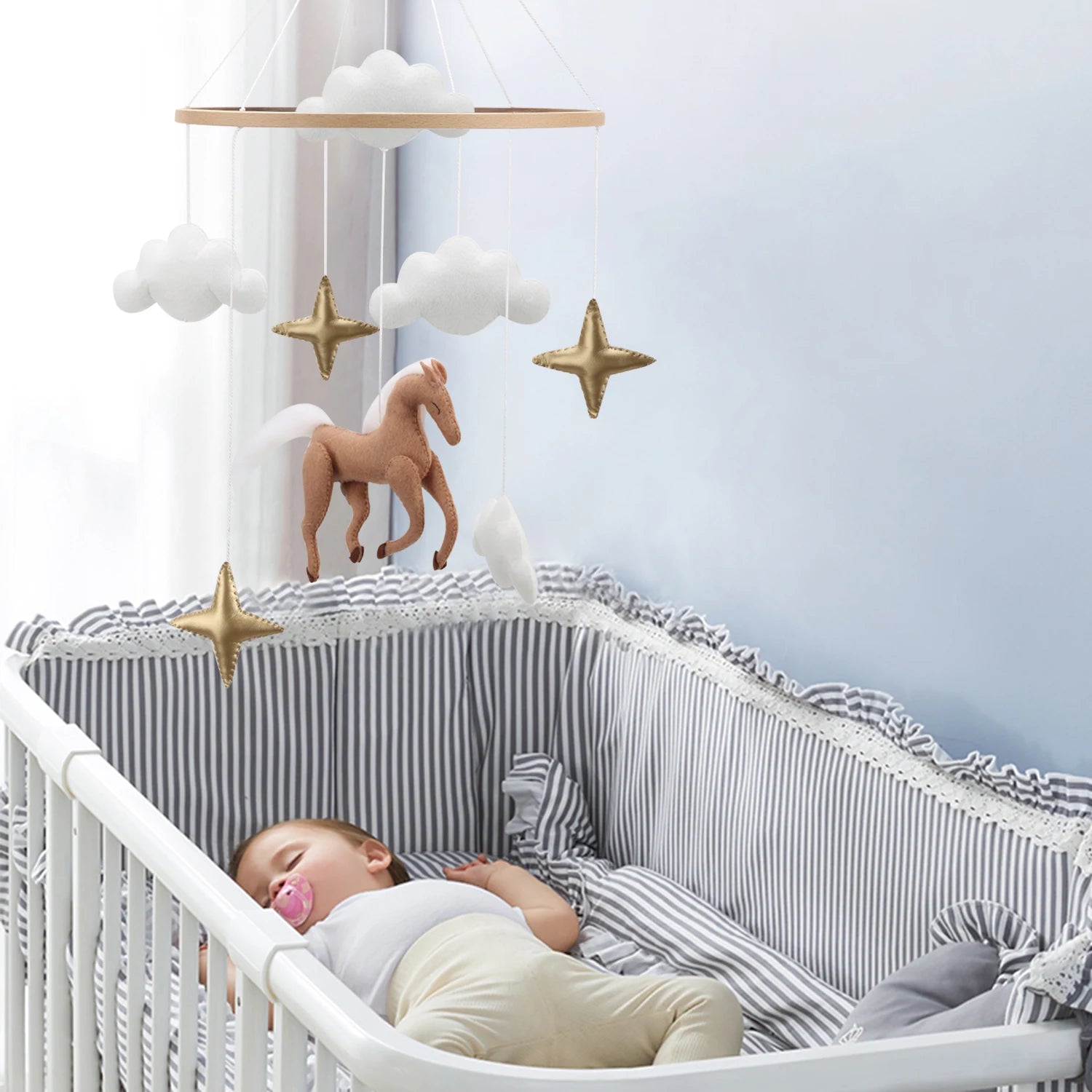 Horse Baby Mobile | Neutral Felt Horse Nursery Mobile with Clouds &amp; Stars