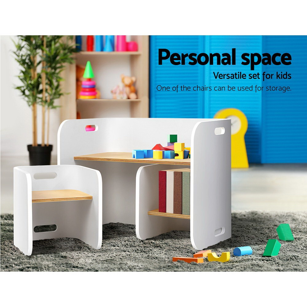 - Kids 3-Piece Table & Chairs Set – Multifunctional Storage Desk (White & Natural) Keezi Kids Furniture > Outdoor > Outdoor Dining Sets