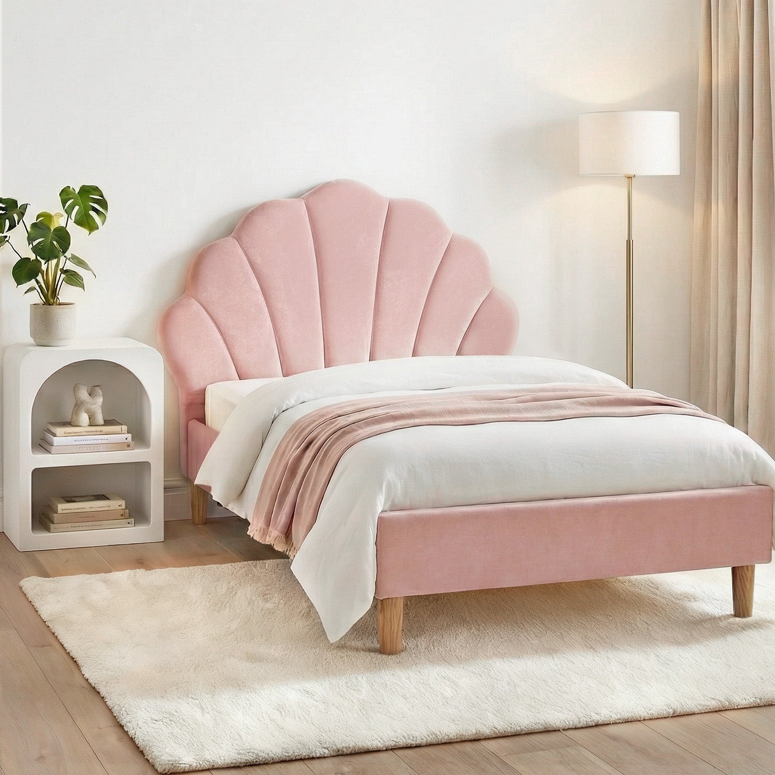 - King Single Velvet Bed Frame with Scallop Headboard &amp; Bedside Table | Pink Baby Stork Furniture > Bedroom > Beds &amp; Bed Frames