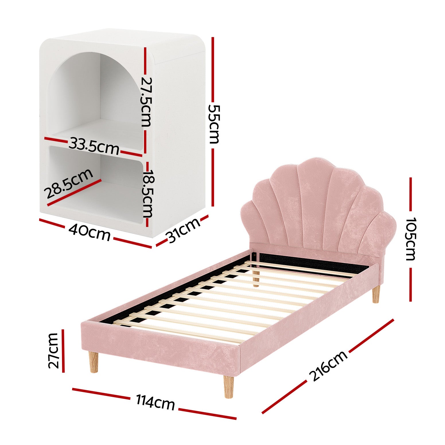 - King Single Velvet Bed Frame with Scallop Headboard &amp; Bedside Table | Pink Baby Stork Furniture > Bedroom > Beds &amp; Bed Frames