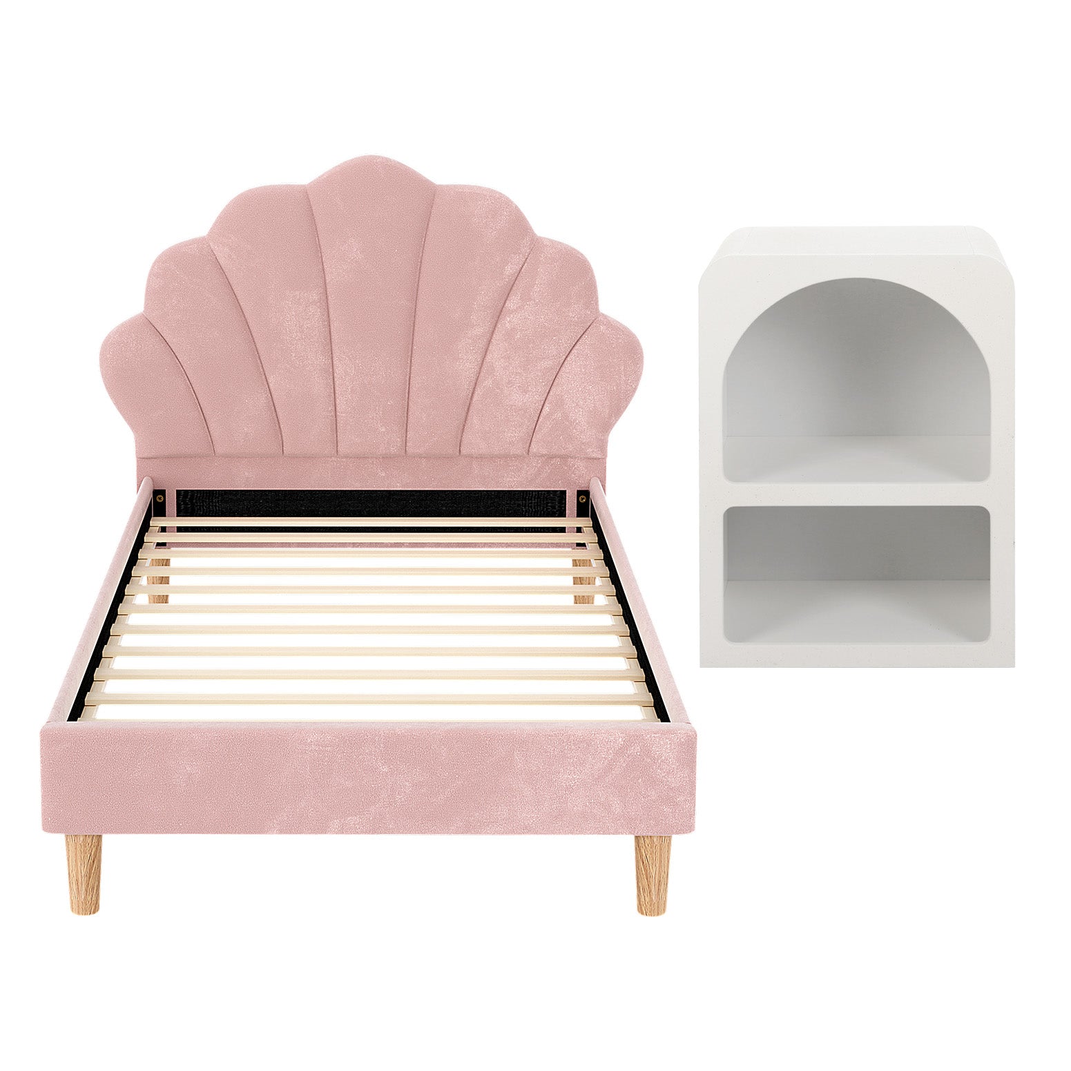 - King Single Velvet Bed Frame with Scallop Headboard &amp; Bedside Table | Pink Baby Stork Furniture > Bedroom > Beds &amp; Bed Frames