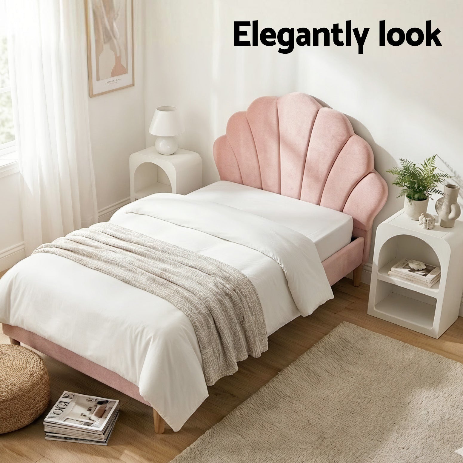 - King Single Velvet Bed Frame with Scallop Headboard &amp; Bedside Table | Pink Baby Stork Furniture > Bedroom > Beds &amp; Bed Frames
