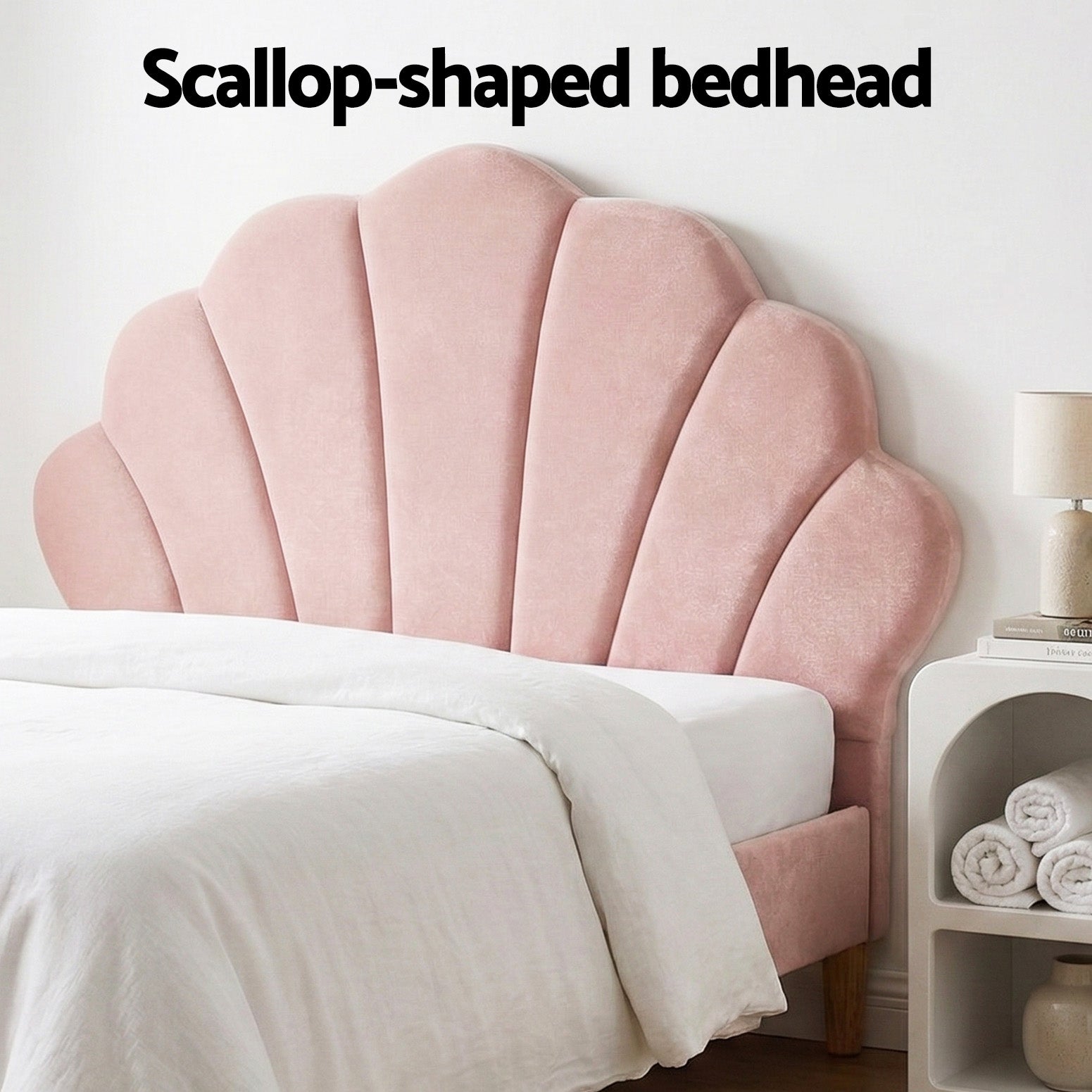 - King Single Velvet Bed Frame with Scallop Headboard &amp; Bedside Table | Pink Baby Stork Furniture > Bedroom > Beds &amp; Bed Frames