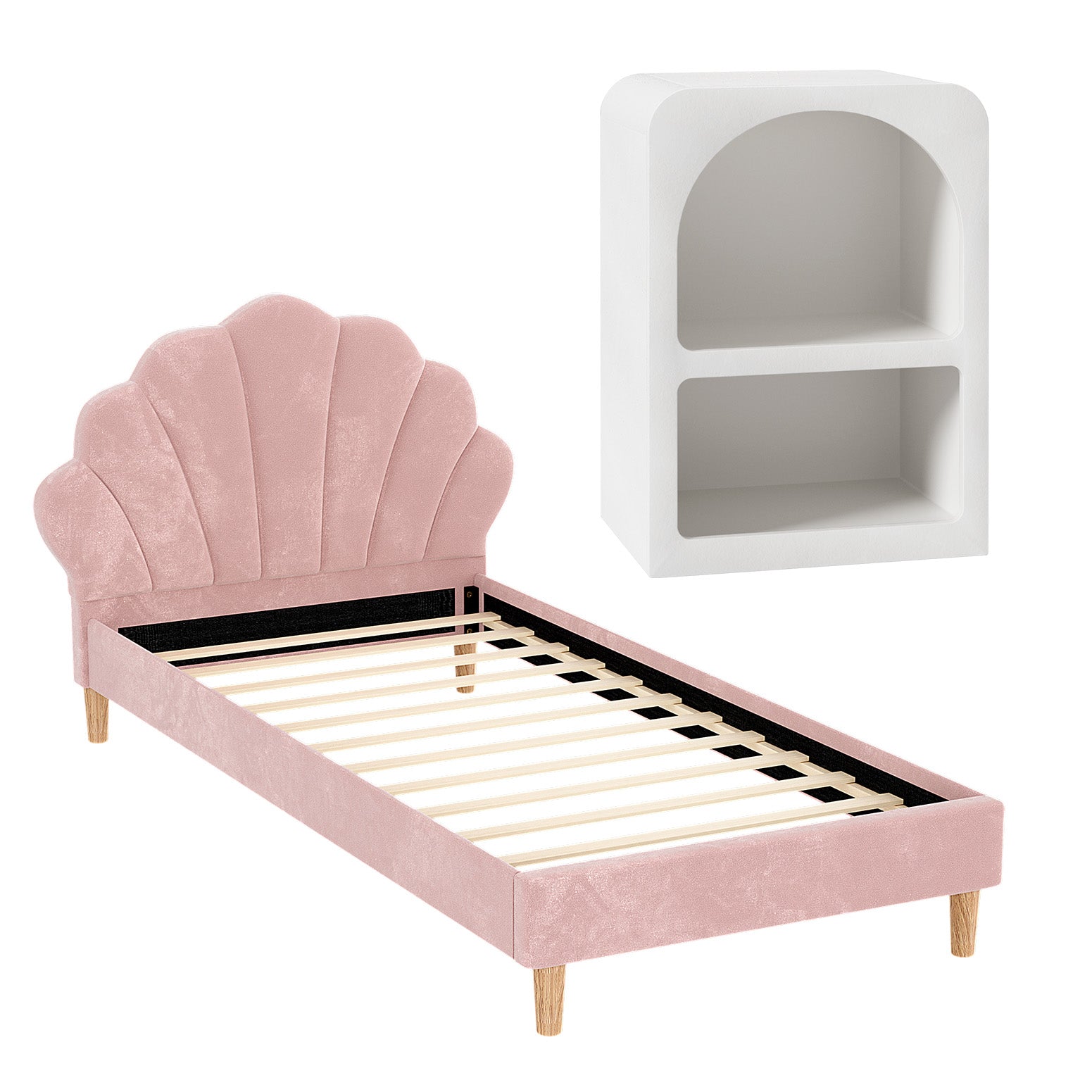 - King Single Velvet Bed Frame with Scallop Headboard &amp; Bedside Table | Pink Baby Stork Furniture > Bedroom > Beds &amp; Bed Frames