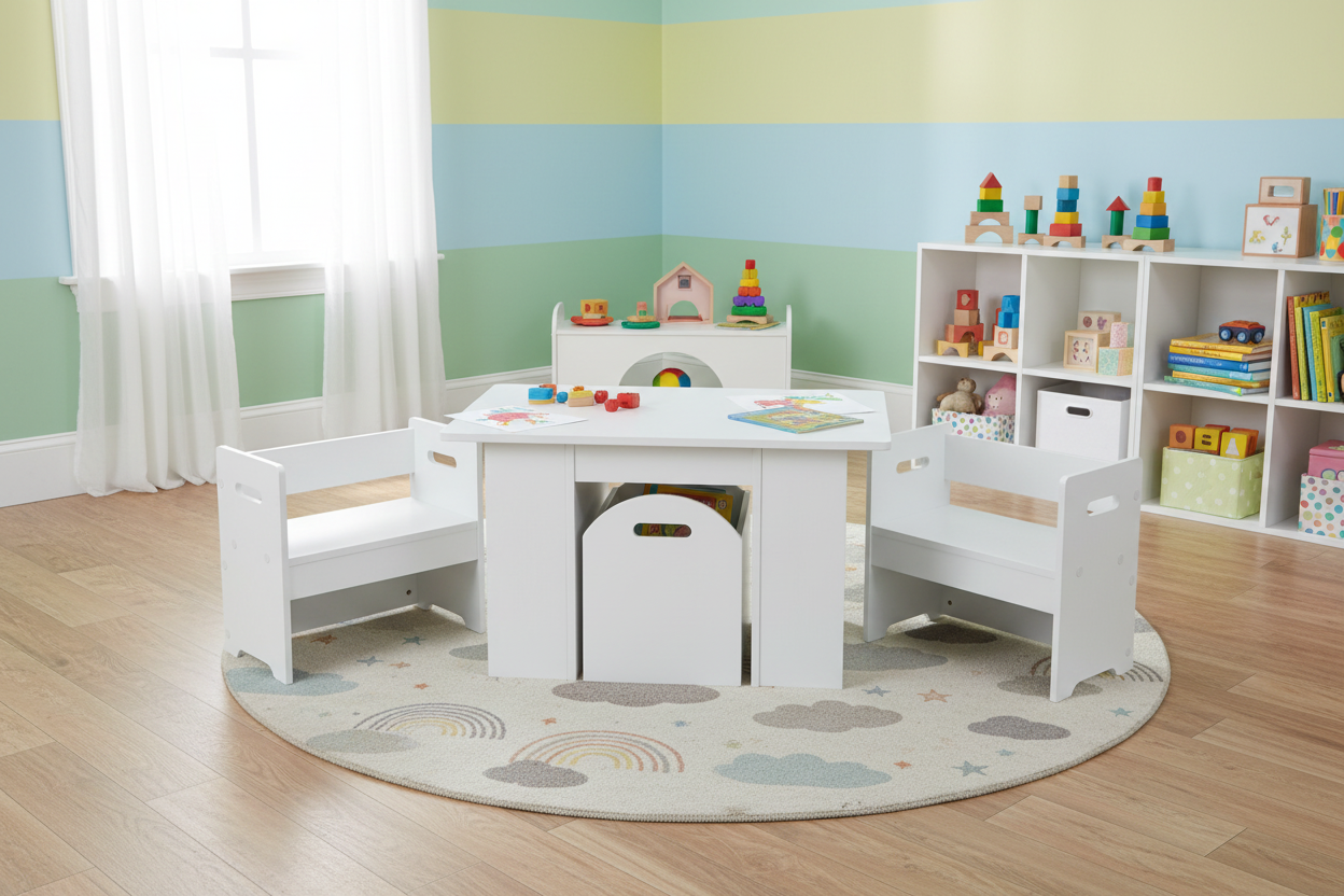 - Kids Table and Chair Set with Storage Box | White MDF Activity Table & 2 Chairs Baby Stork Baby & Kids > Kid's Furniture > Kid's Tables, Chairs & Seats