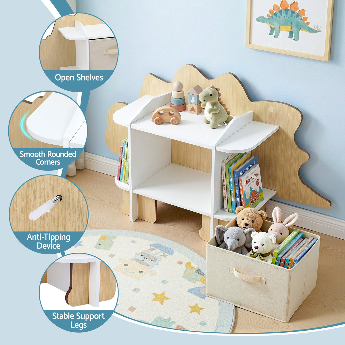 - Dinosaur Kids Bookshelf &amp; Toy Storage with Fabric Drawer Keezi Baby &amp; Kids > Kid's Furniture > Kid's Bookcases &amp; Shelves