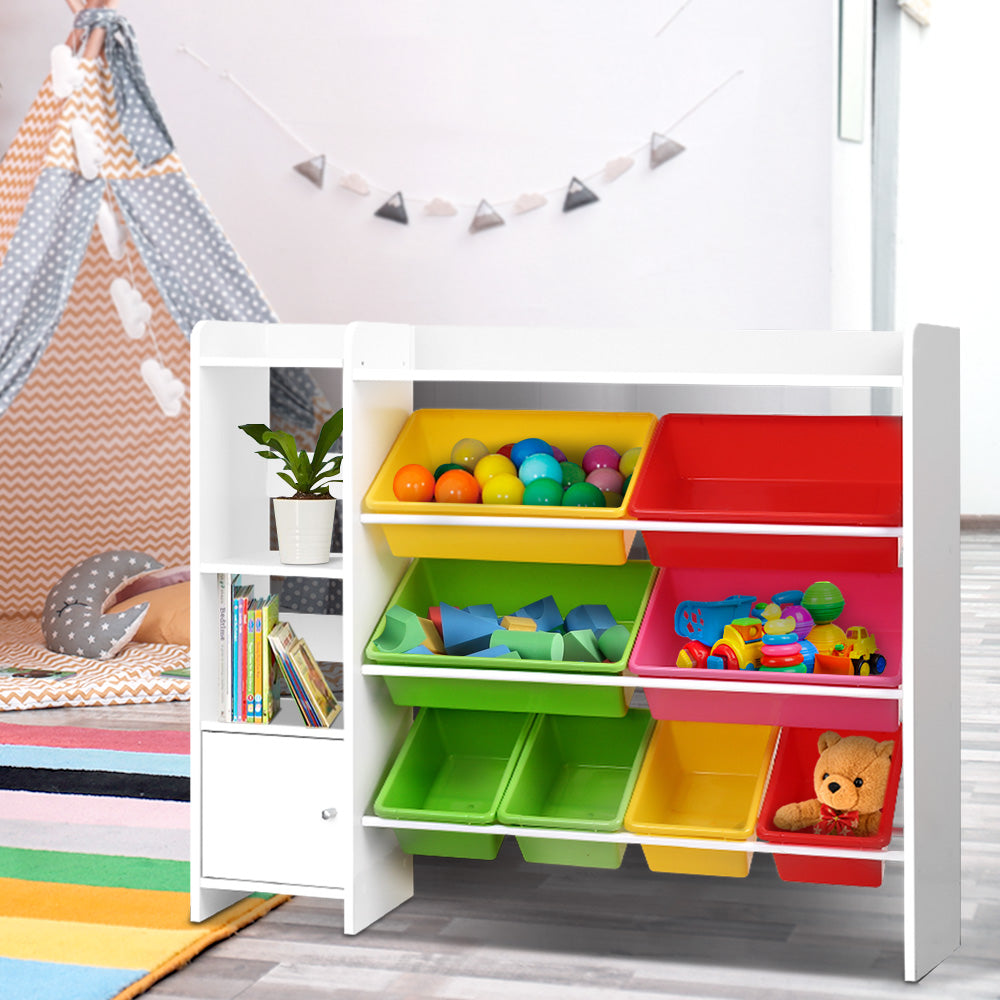 - Kids 8 Bin Toy Storage Shelf with Cabinet and Display Shelves Keezi Baby & Kids > Kid's Furniture > Kid's Bookcases & Shelves