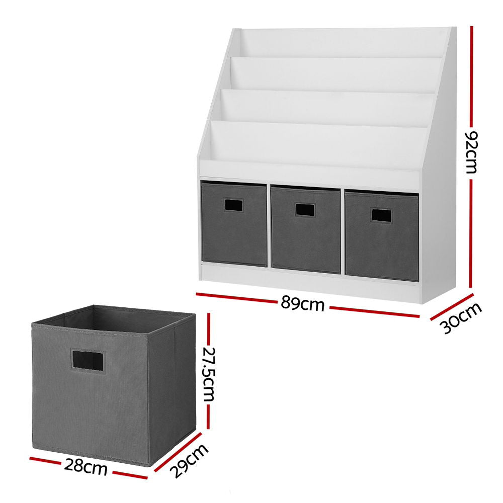- Kids Bookshelf with 3 Storage Bins – White & Grey Keezi Kids Baby & Kids > Kid's Furniture > Kid's Bookcases & Shelves