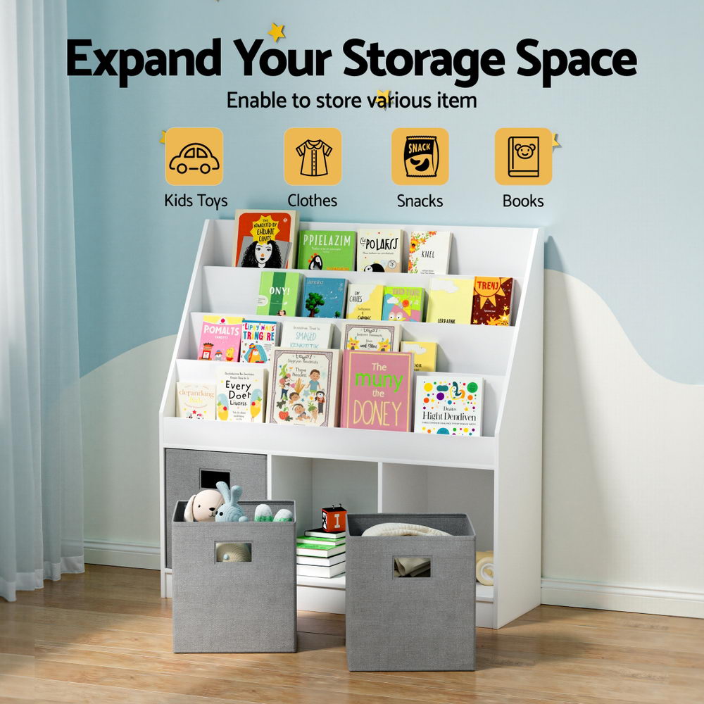 - Kids Bookshelf with 3 Storage Bins – White & Grey Keezi Kids Baby & Kids > Kid's Furniture > Kid's Bookcases & Shelves