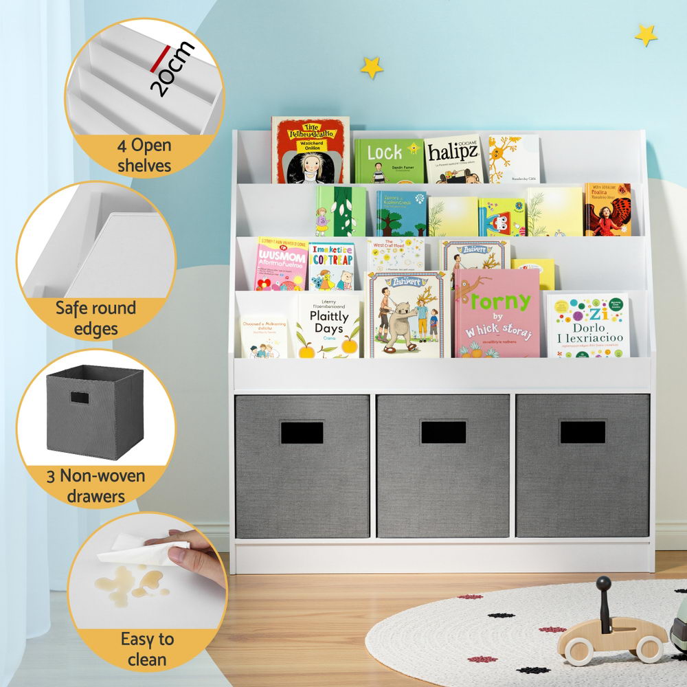 - Kids Bookshelf with 3 Storage Bins – White & Grey Keezi Kids Baby & Kids > Kid's Furniture > Kid's Bookcases & Shelves