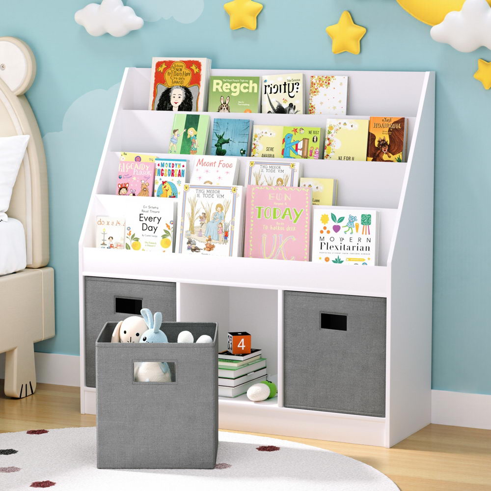 - Kids Bookshelf with 3 Storage Bins – White & Grey Keezi Kids Baby & Kids > Kid's Furniture > Kid's Bookcases & Shelves