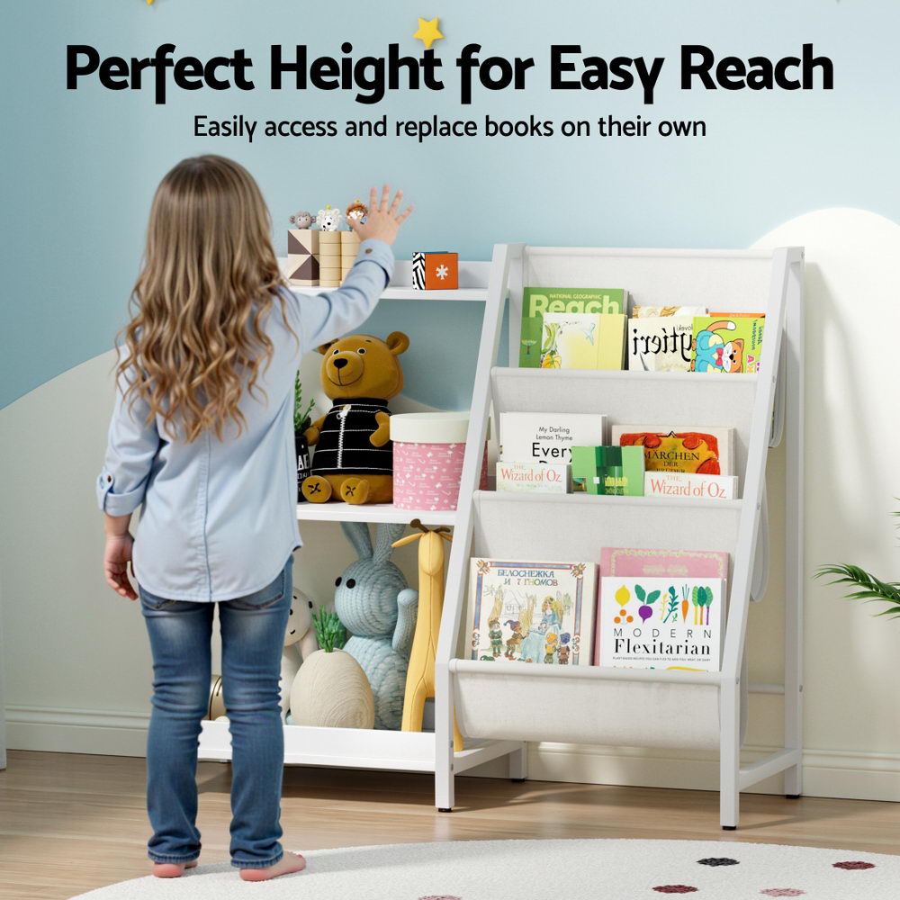 - 3-Tier Kids Bookshelf with Sling Storage – White Keezi Kids Baby & Kids > Kid's Furniture > Kid's Bookcases & Shelves