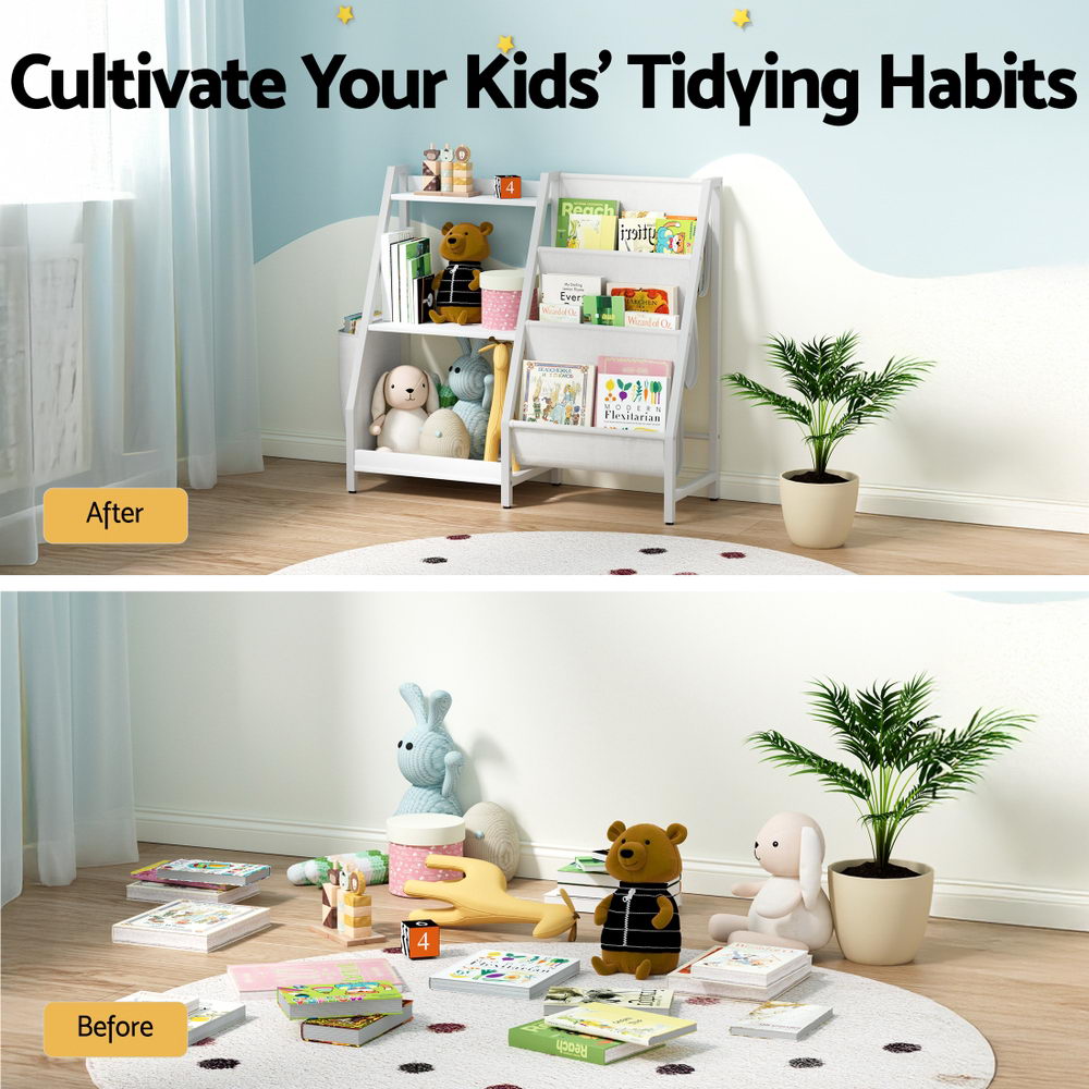 - 3-Tier Kids Bookshelf with Sling Storage – White Keezi Kids Baby & Kids > Kid's Furniture > Kid's Bookcases & Shelves