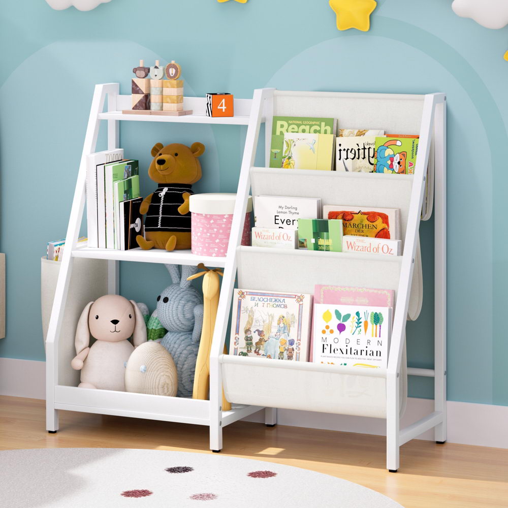 - 3-Tier Kids Bookshelf with Sling Storage – White Keezi Kids Baby & Kids > Kid's Furniture > Kid's Bookcases & Shelves