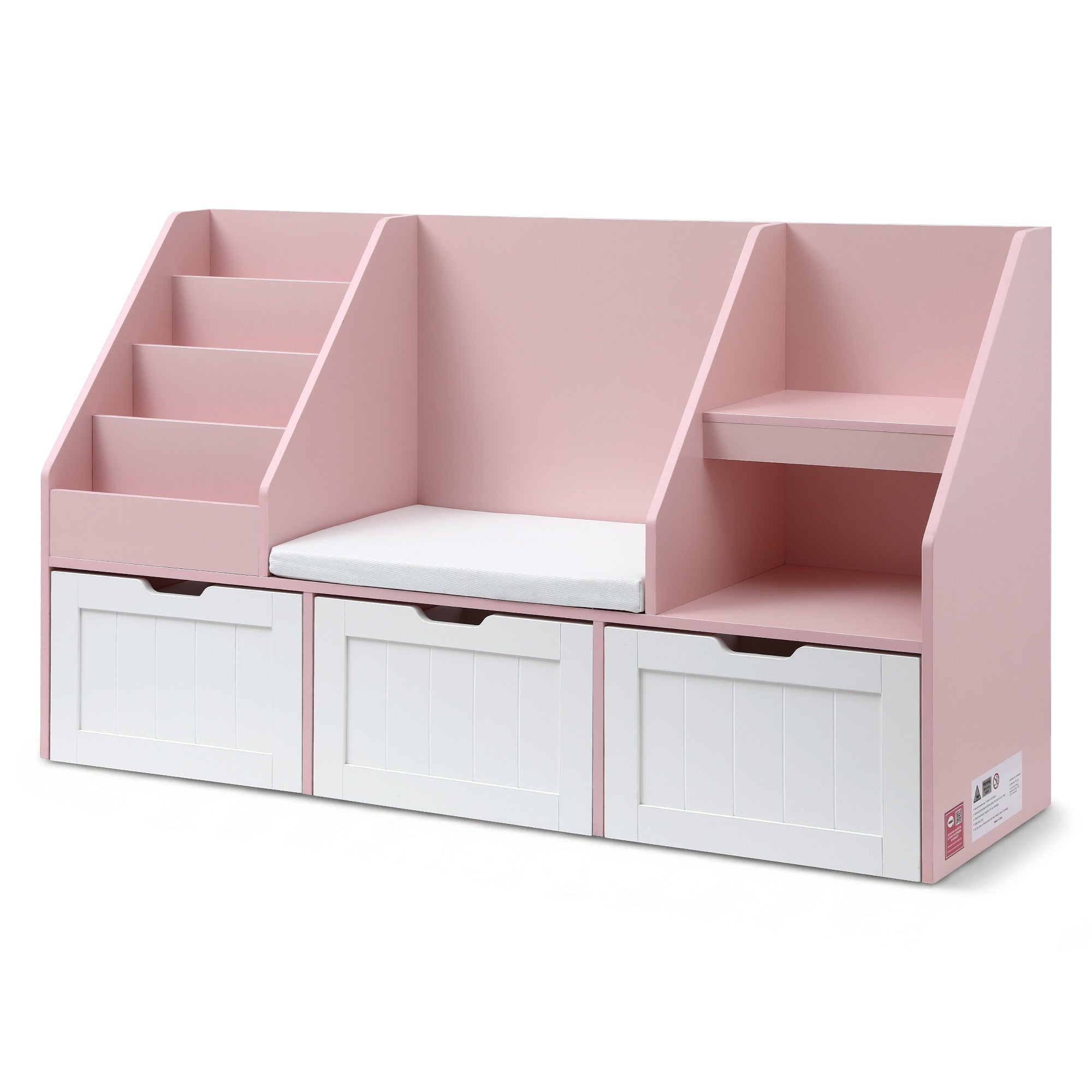- Kids Bookshelf & Storage Unit with Reading Bench – Pink & White Baby Stork Baby & Kids > Kid's Furniture > Kid's Bookcases & Shelves