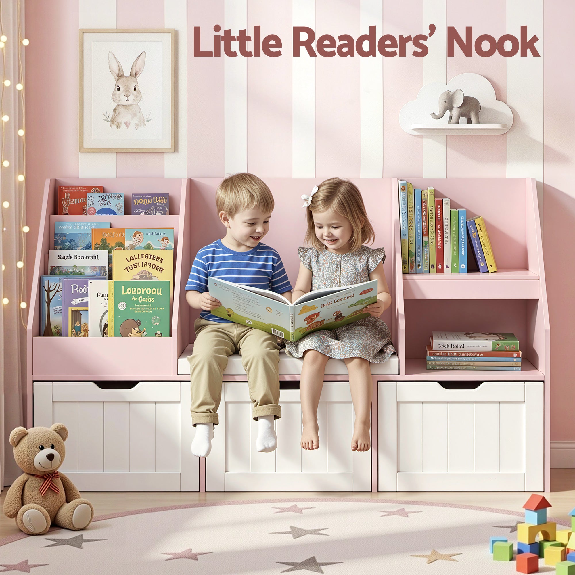 - Kids Bookshelf & Storage Unit with Reading Bench – Pink & White Baby Stork Baby & Kids > Kid's Furniture > Kid's Bookcases & Shelves