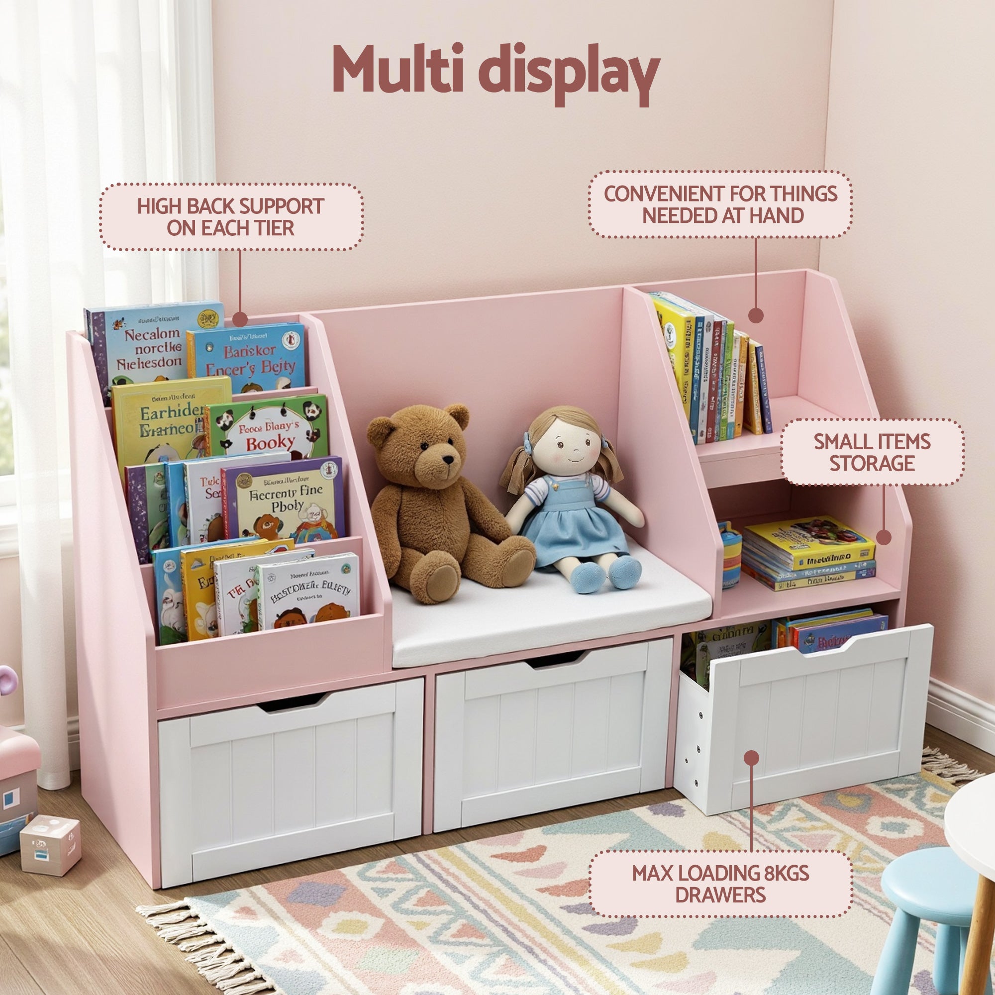 - Kids Bookshelf & Storage Unit with Reading Bench – Pink & White Baby Stork Baby & Kids > Kid's Furniture > Kid's Bookcases & Shelves
