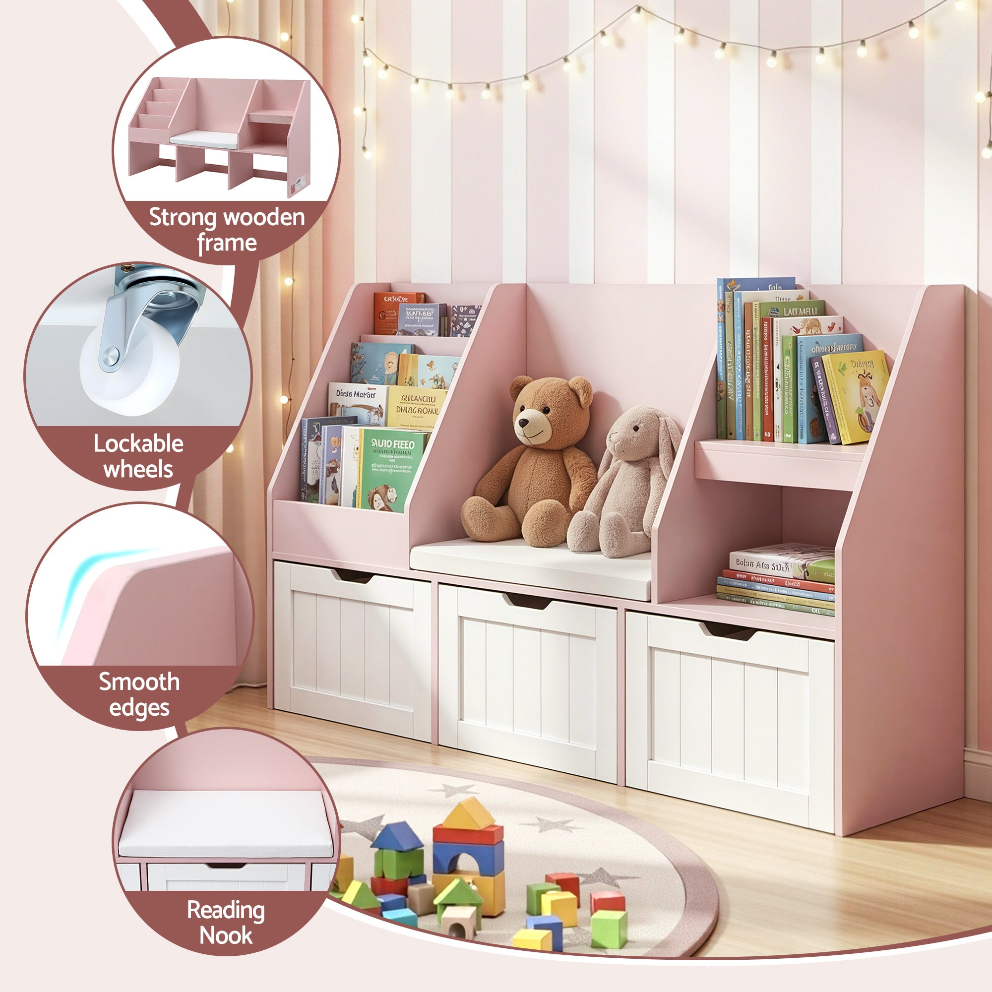 - Kids Bookshelf & Storage Unit with Reading Bench – Pink & White Baby Stork Baby & Kids > Kid's Furniture > Kid's Bookcases & Shelves